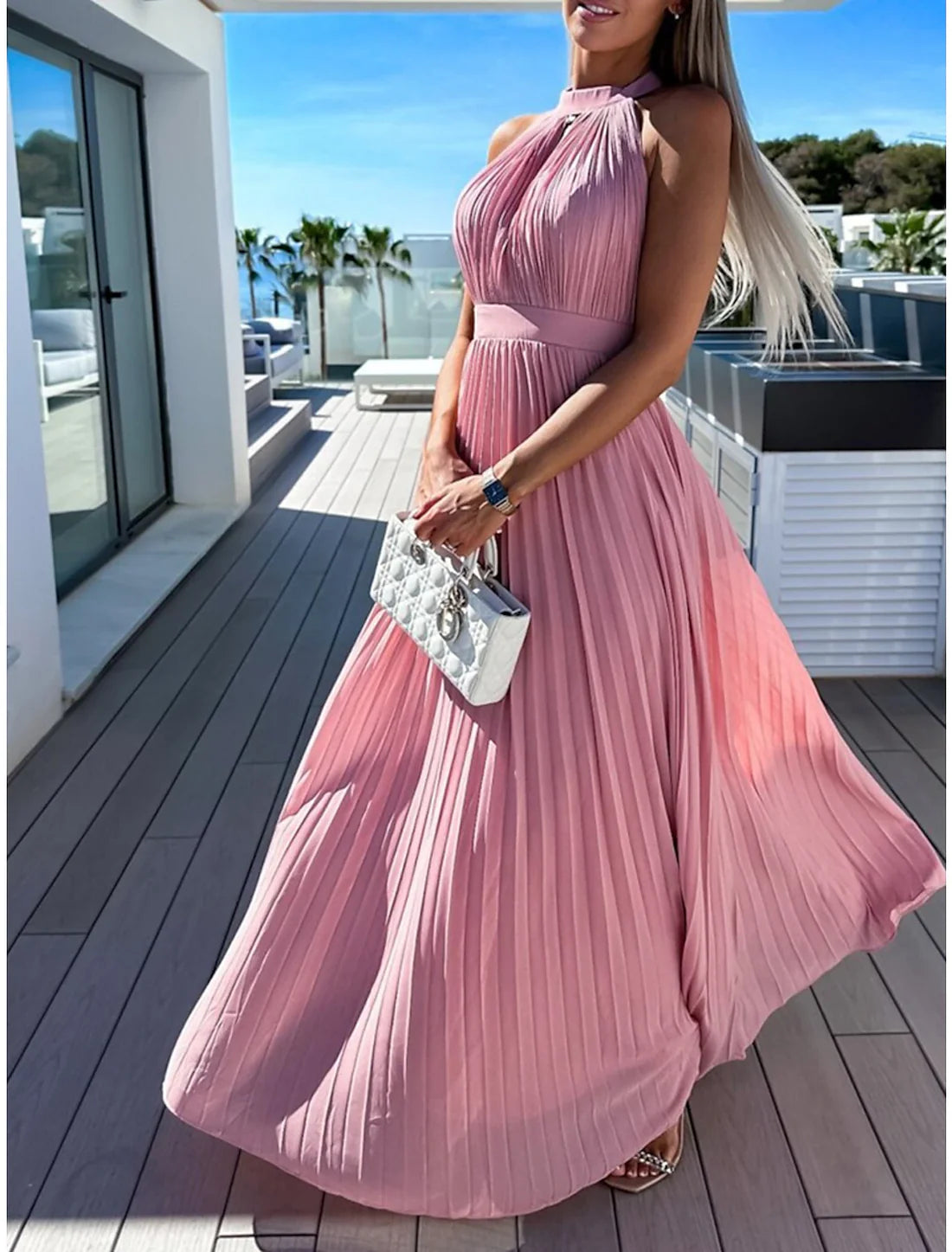 Luolandi Women's Long Dress Maxi Dress Party Dress Casual Dress Summer Dress Pure Color Streetwear Casual Outdoor Holiday Going out Ruched Pleated Sleeveless Halter Neck Dress Slim Pink Blue